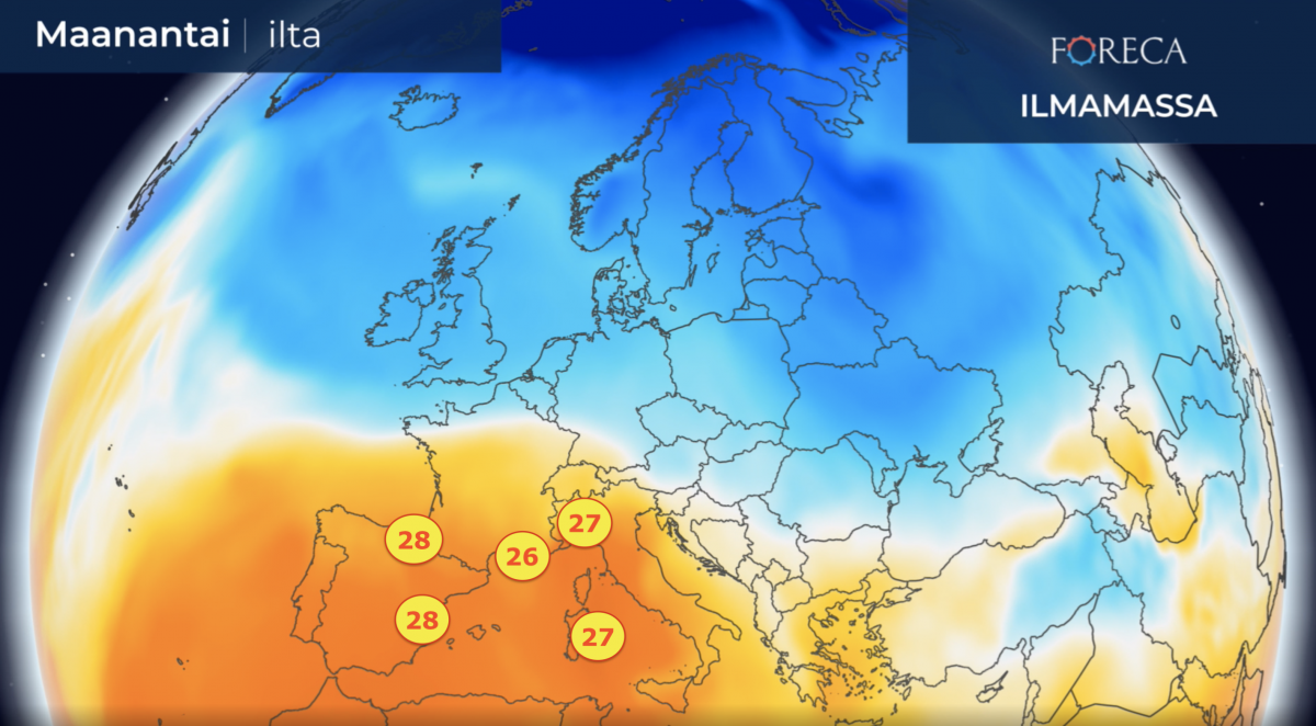 Maanantain korkeimpia lämpötiloja Etelä- ja Länsi-Euroopassa. 